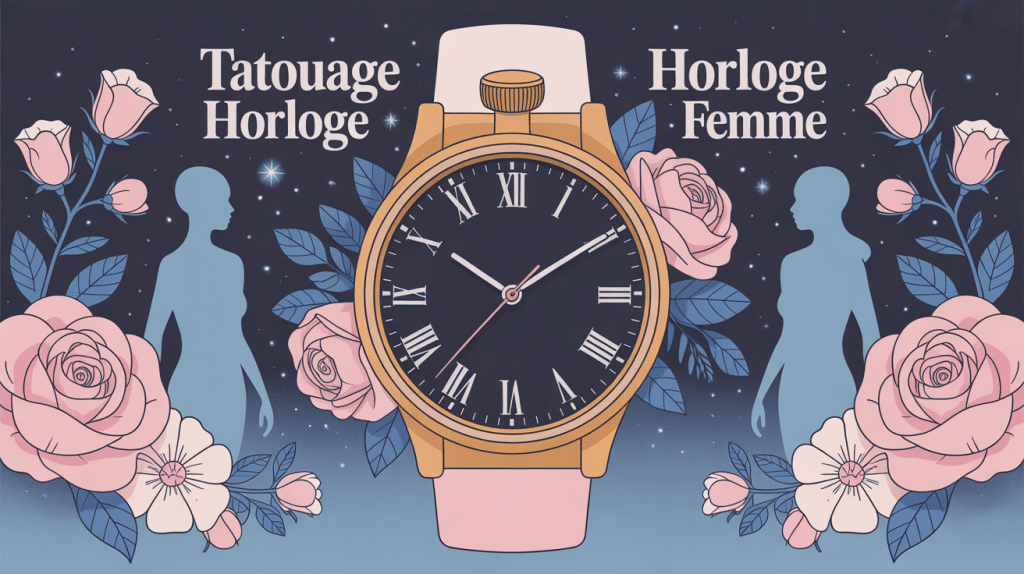 Tatouage horloge femme moderne fleurs silhouettes