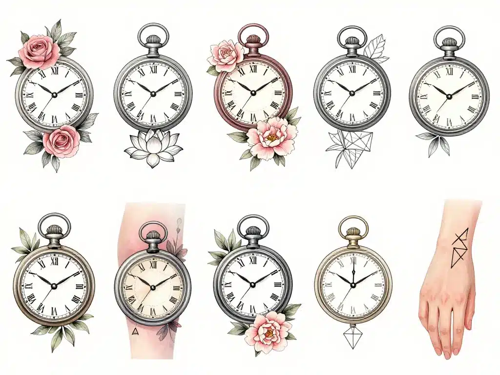 Tatouage horloge femme style floral géométrique tendance