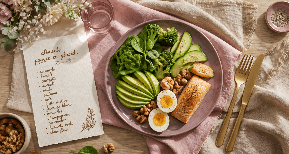 assiette aliments pauvre en glucide et liste de courses