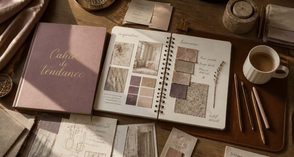 cahier de tendance ouvert avec moodboards et échantillons