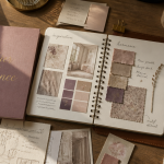 cahier de tendance ouvert avec moodboards et échantillons