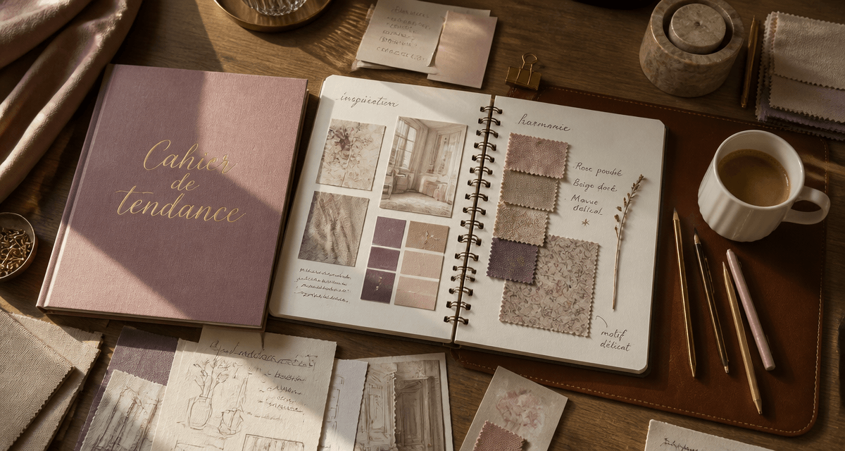 cahier de tendance ouvert avec moodboards et échantillons