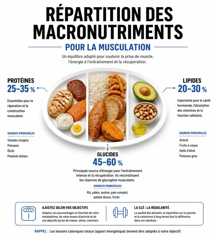 Infographie sur la répartition des macronutriments pour la nutrition en musculation