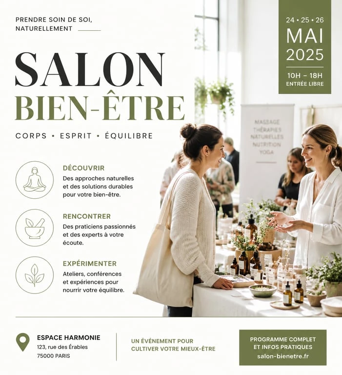 Ambiance d'un salon du bien-être 2025 avec des visiteurs et des exposants