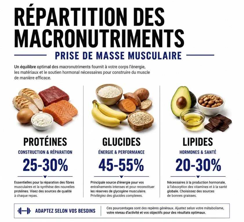 Infographie de la répartition des macronutriments pour une prise de masse efficace