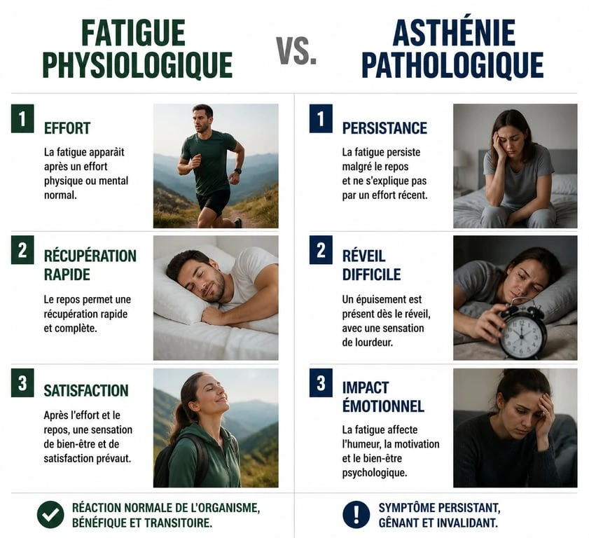 Infographie comparative entre fatigue physiologique et asthénie pathologique pour comprendre le manque d'énergie
