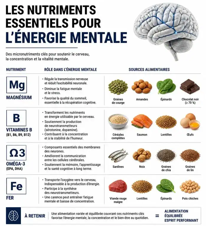 Infographie des nutriments pour retrouver de l'énergie mentale