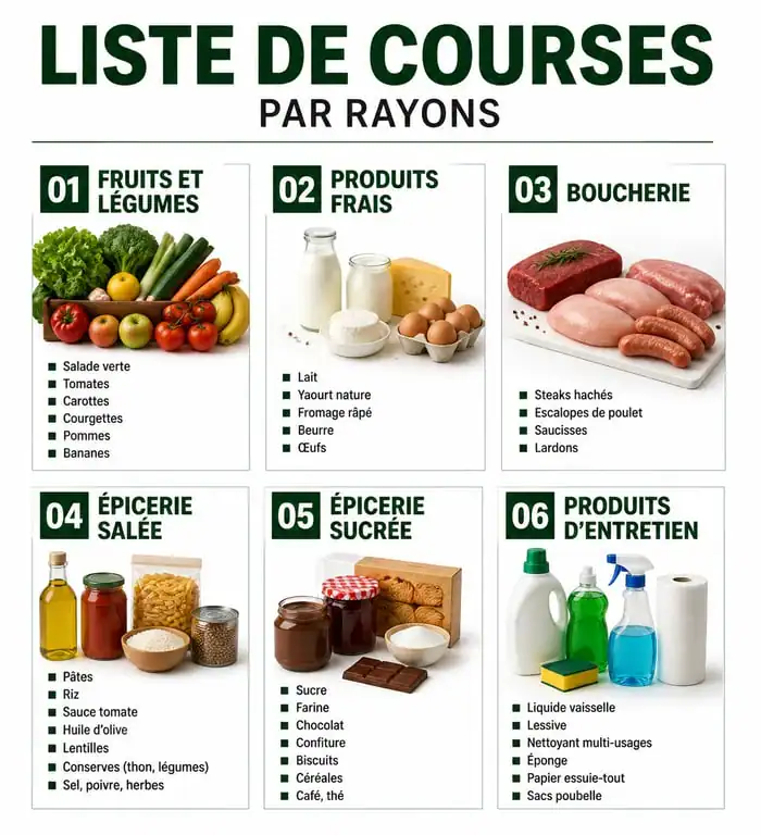 Infographie d'une liste de courses alimentaires organisée par catégories pour optimiser ses achats