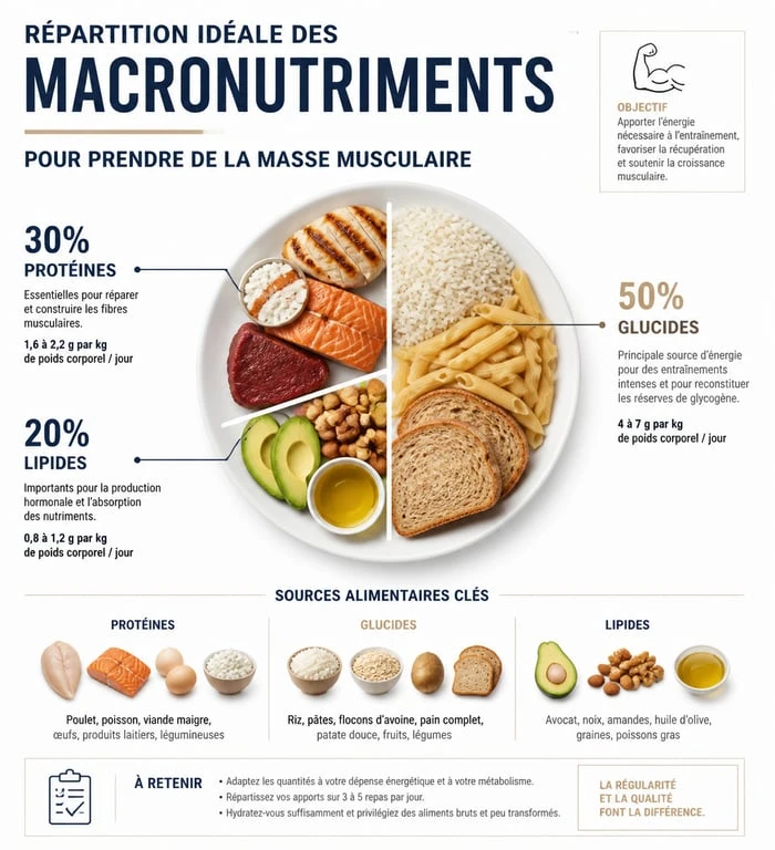Infographie sur la répartition des macronutriments pour une prise de masse musculaire efficace