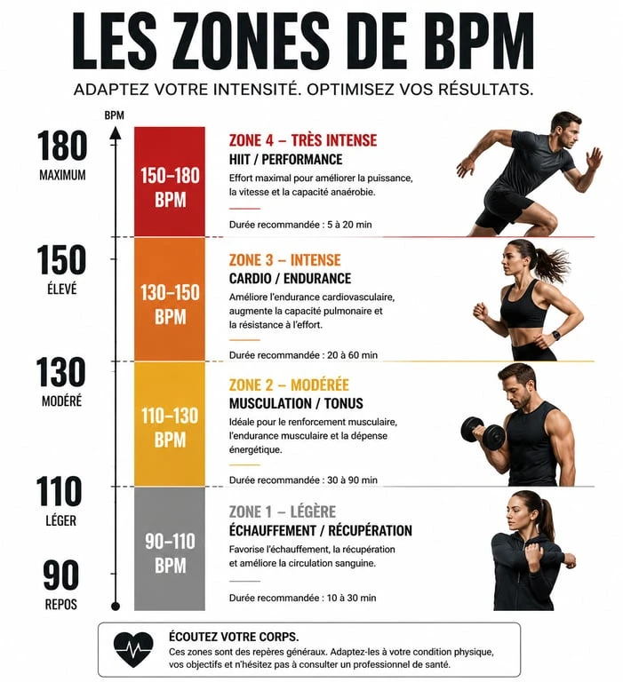 Infographie des BPM recommandés pour la musique de salle de sport selon l'intensité de l'entraînement