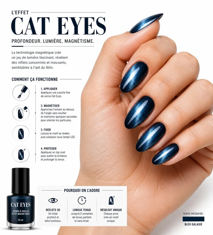 Tendance vernis à ongles effet Cat Eyes avec reflets métalliques