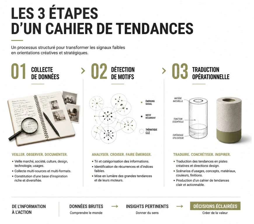Infographie illustrant la méthodologie de création d'un cahier de tendance pour les professionnels