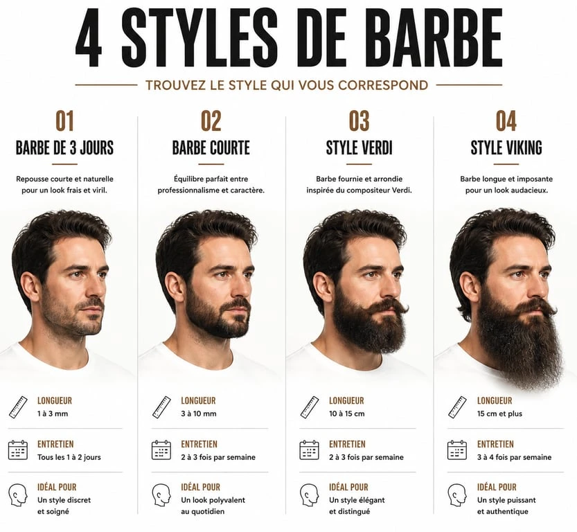 Différents styles de barbe homme : barbe de 3 jours, courte, Verdi et Viking pour choisir son style selon la morphologie du visage