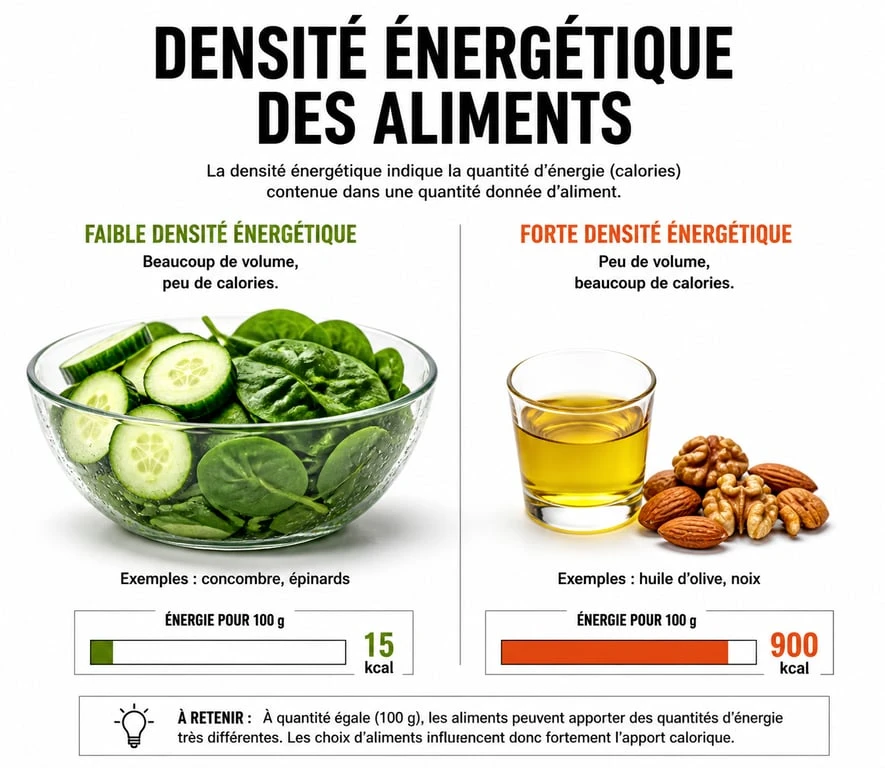 Infographie comparant la densité calorique des aliments pour mieux comprendre l'apport énergétique