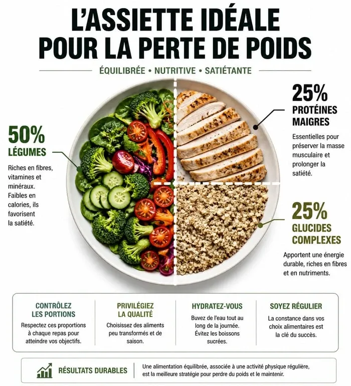 Infographie nutrition perdre du poids : répartition idéale d'une assiette équilibrée