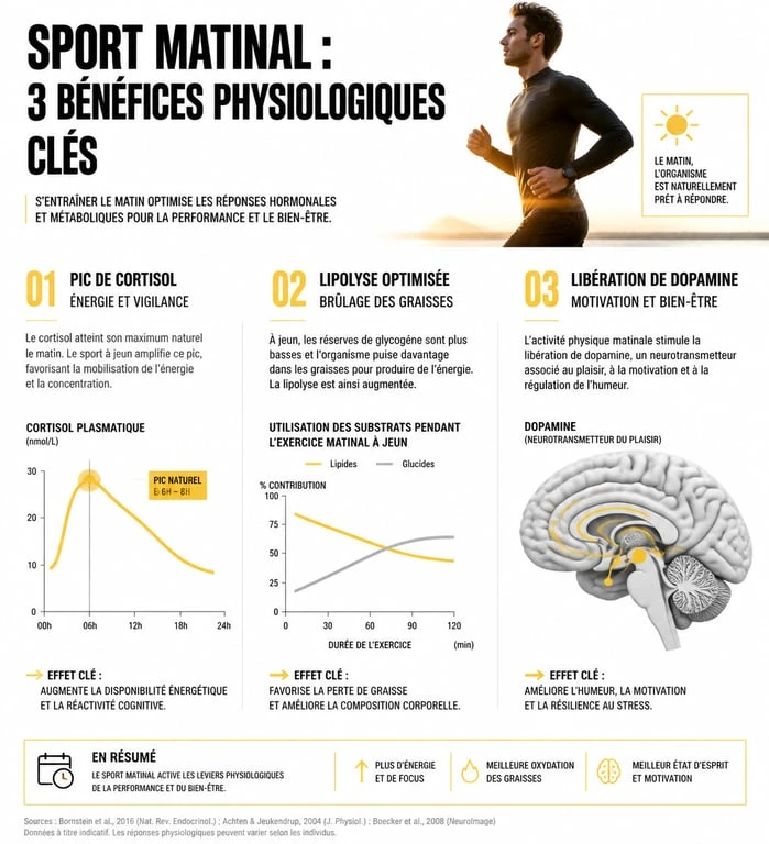 Infographie des bienfaits physiologiques du sport matinale sur le métabolisme et l'énergie