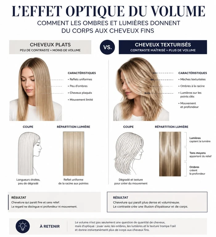 Infographie illustrant les techniques de volume pour coiffure cheveux fins