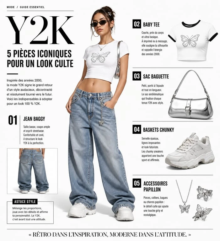 Infographie des pièces phares pour une tenue année 2000 style Y2K