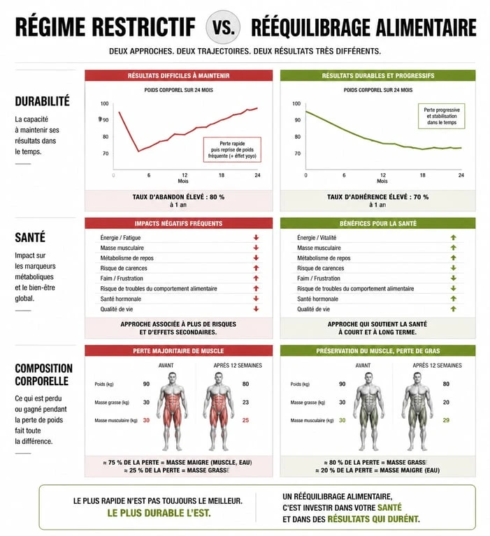 Infographie comparative régime restrictif vs rééquilibrage alimentaire pour maigrir vite et bien
