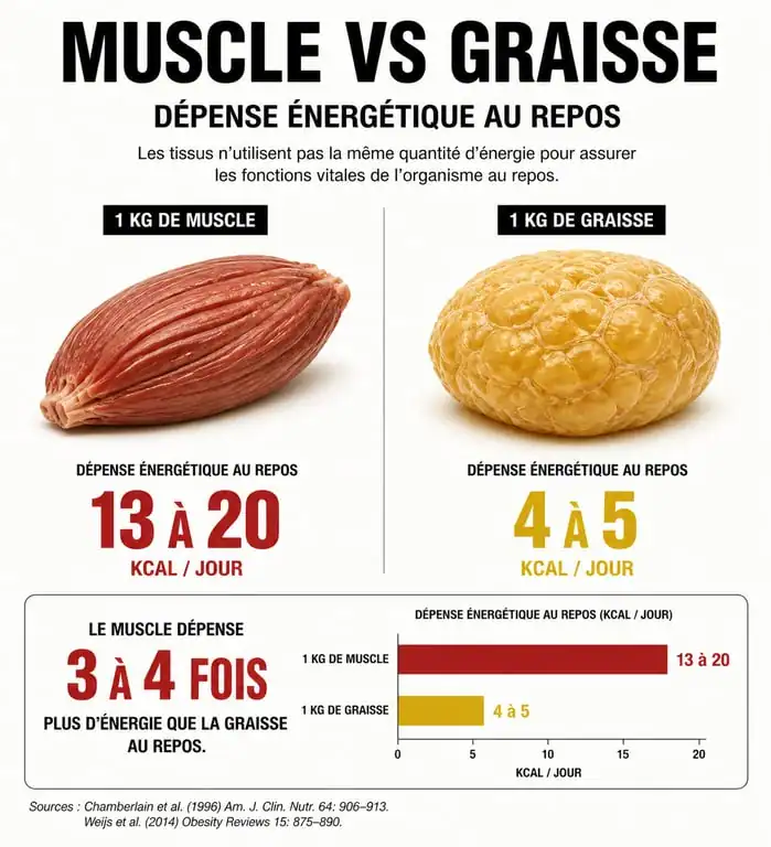 Infographie comparant la dépense énergétique au repos entre le tissu musculaire et le tissu adipeux pour le métabolisme et la musculation