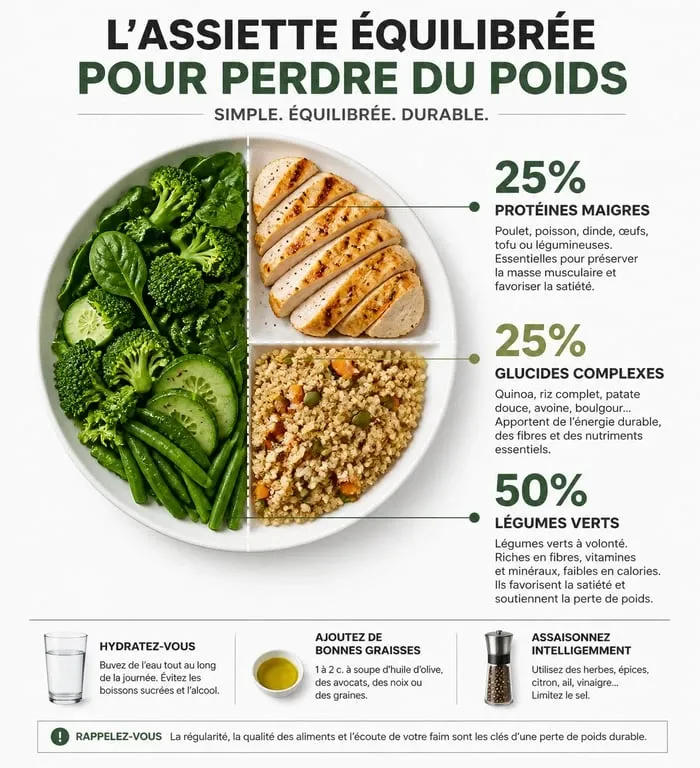 Infographie composition assiette équilibrée pour régime perte de poids