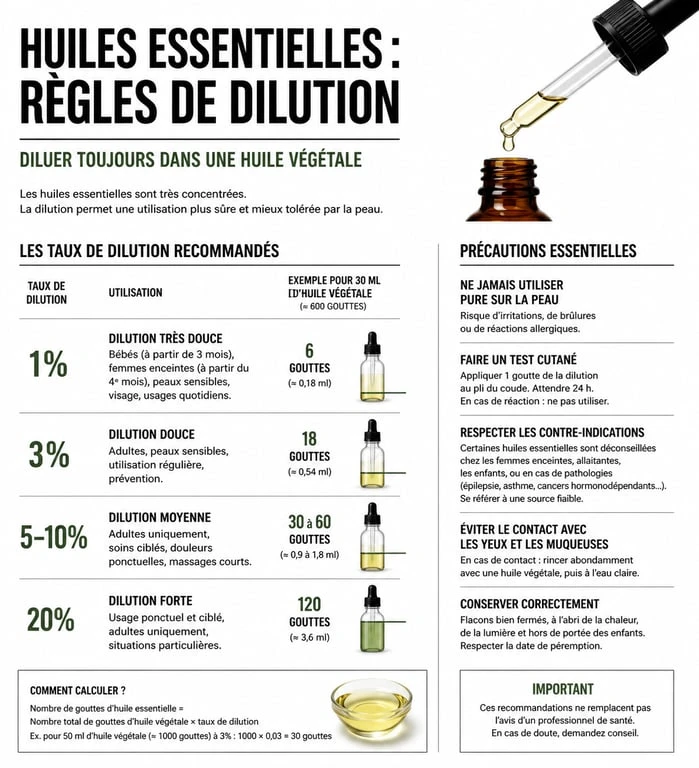 Infographie sur les règles de dilution et précautions d'usage des huiles essentielles