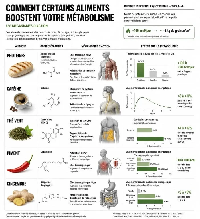 Infographie des aliments qui boostent le métabolisme et leur effet thermique sur l'organisme