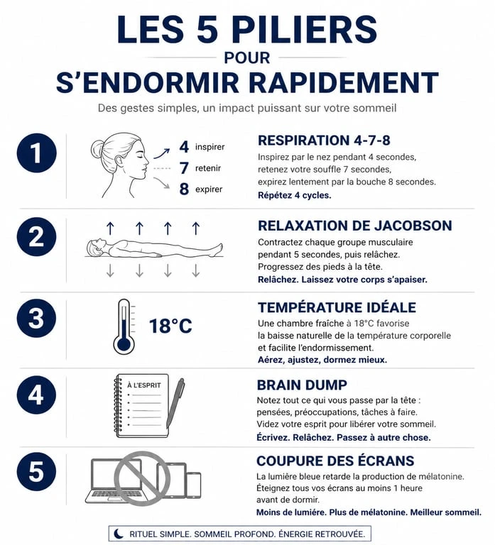 Infographie des 5 piliers pour trouver le sommeil rapidement et améliorer son endormissement