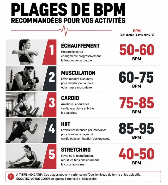 Infographie des plages de BPM recommandées pour le fitness en musique