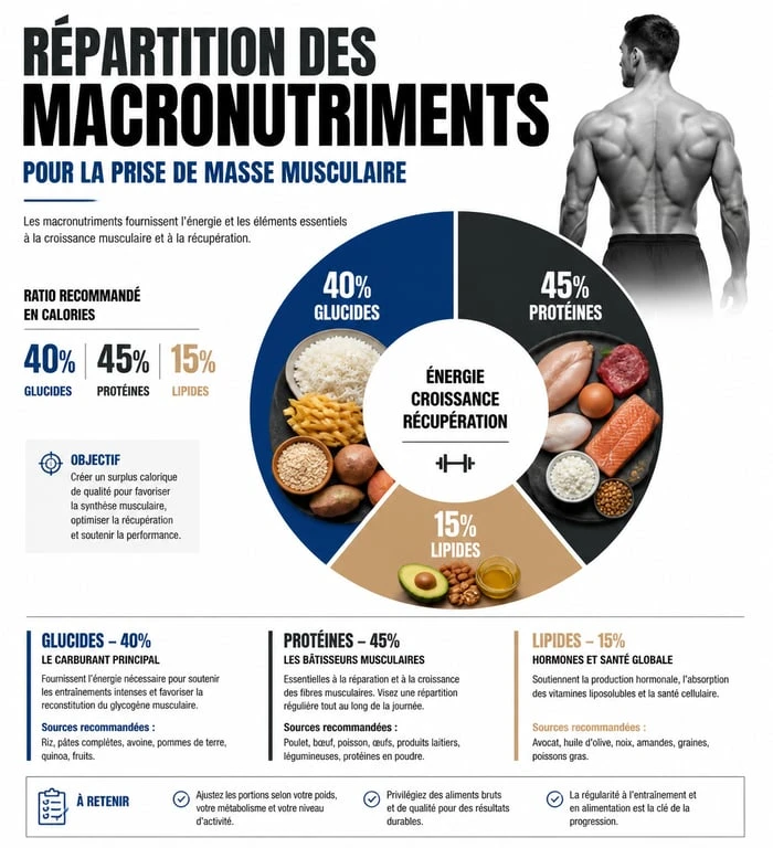 Infographie sur la répartition des macronutriments pour la prise de masse musculaire