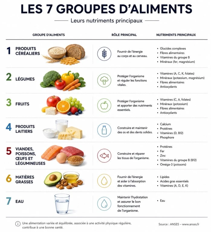 Infographie des 7 groupes d'aliments et leurs apports nutritionnels