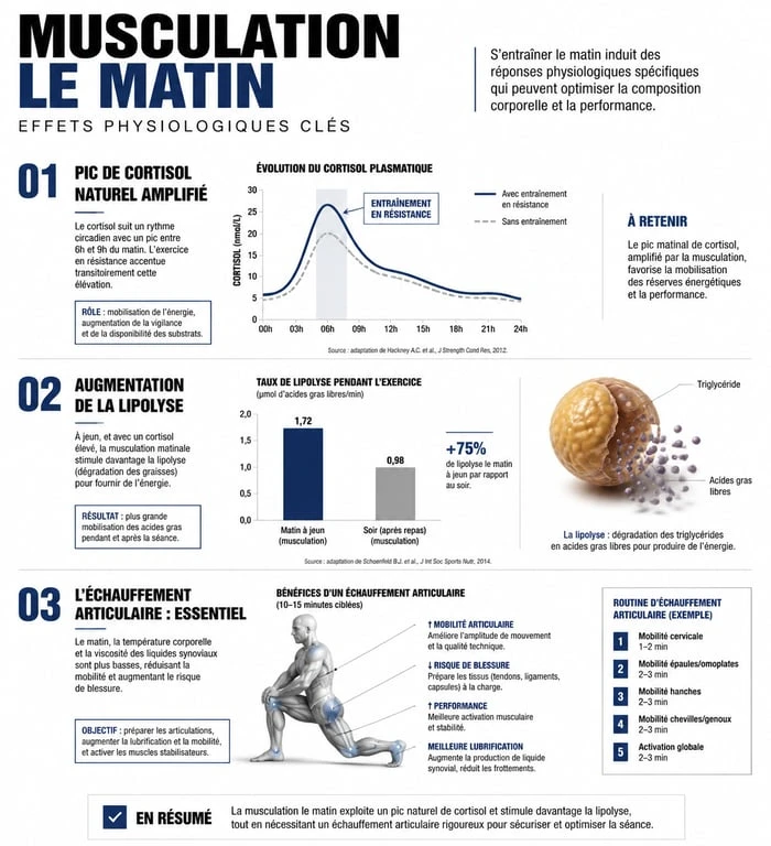 Infographie sur les bienfaits et la préparation de la musculation le matin