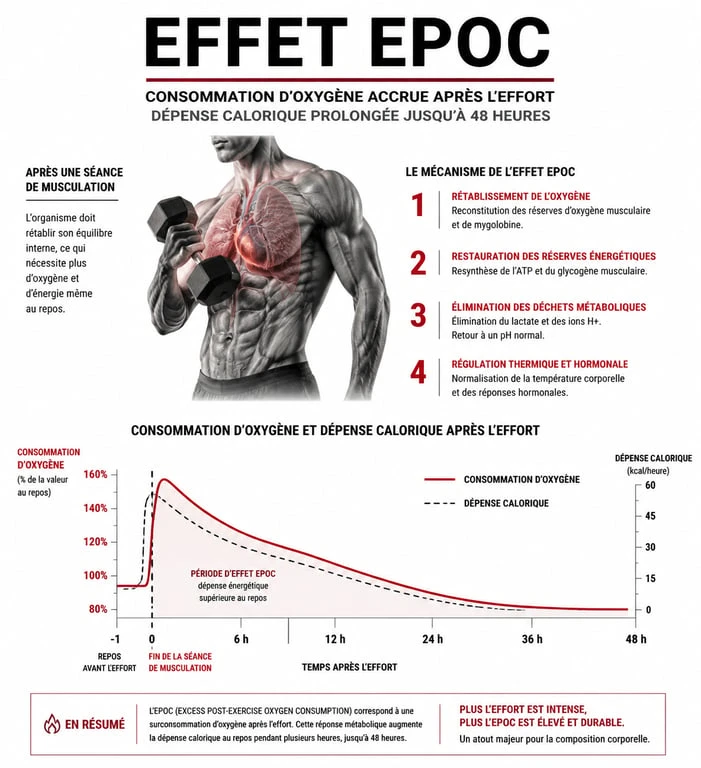Infographie expliquant l'effet EPOC et la perte de poids par la musculation
