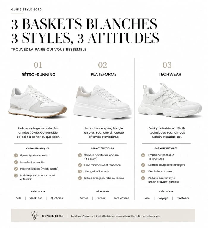 Tendances baskets blanches femme 2025 : rétro, plateforme et techwear