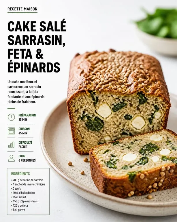Cake salé au sarrasin, feta et épinards, une recette sans gluten gourmande et facile à réaliser.