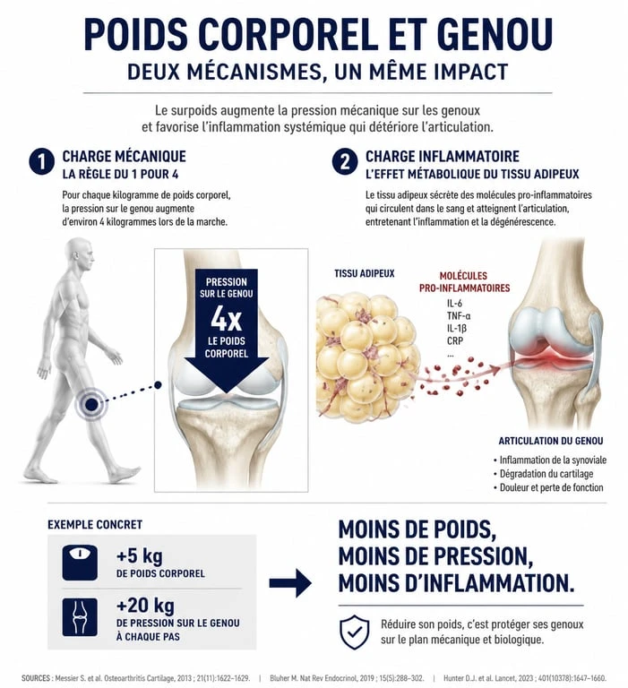 Infographie expliquant l'impact du poids sur les douleurs articulaires et l'arthrose