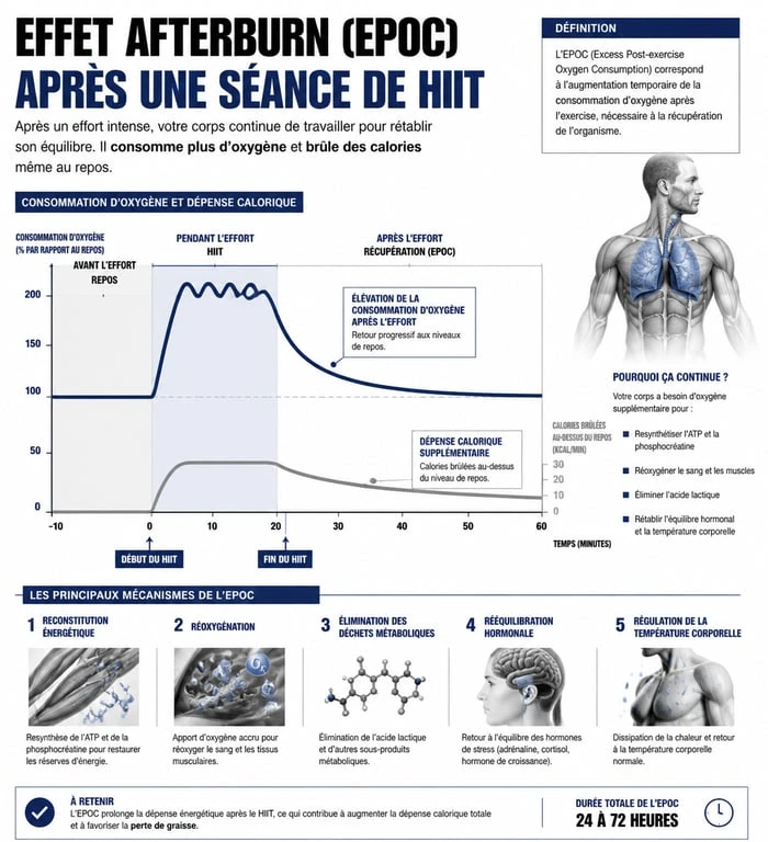 Infographie expliquant l'effet afterburn et la perte de poids avec le HIIT