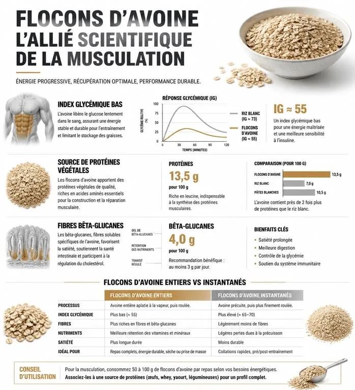 Infographie sur les bienfaits des flocons d'avoine pour la musculation et la prise de masse
