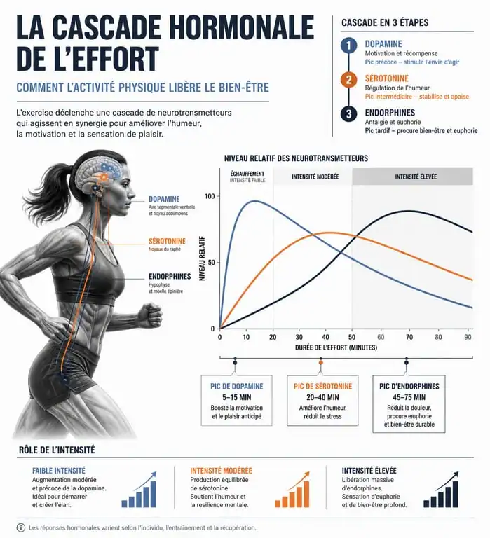 Infographie sur les hormones du bonheur et le sport : endorphines, dopamine et sérotonine