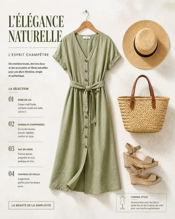 Exemple de tenue champêtre femme avec robe en lin, accessoires en osier et chapeau de paille pour un look bucolique.