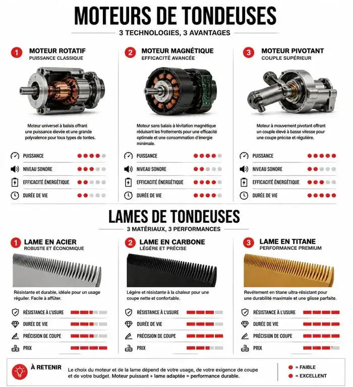 Infographie comparative des moteurs et lames de tondeuses cheveux pour choisir le meilleur modèle