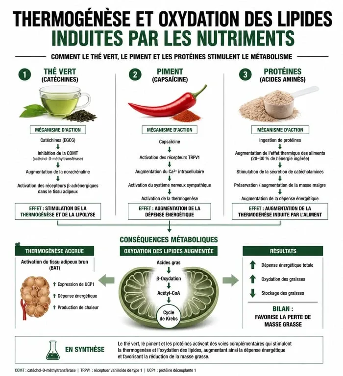Infographie sur les mécanismes métaboliques des aliments brûle graisse et leur impact sur la thermogenèse