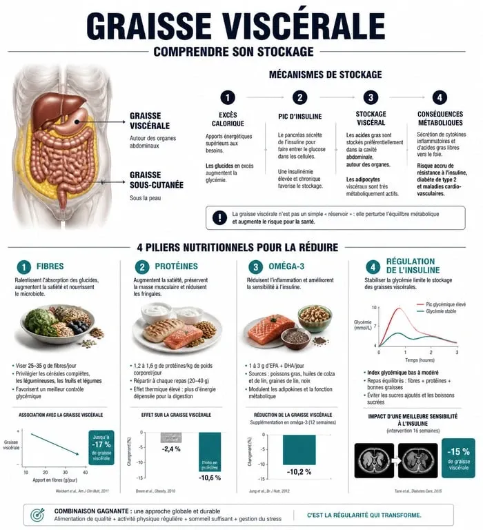 Infographie sur les piliers nutritionnels pour maigrir du ventre et réduire la graisse viscérale