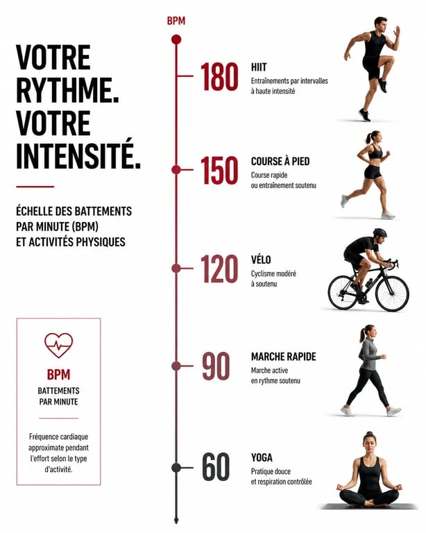 Infographie des BPM recommandés pour la musique fitness selon l'intensité de l'entraînement
