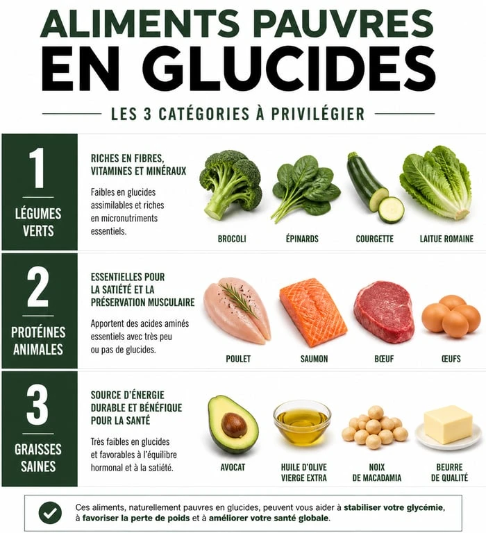 Infographie des aliments pauvres en glucides pour un régime low carb