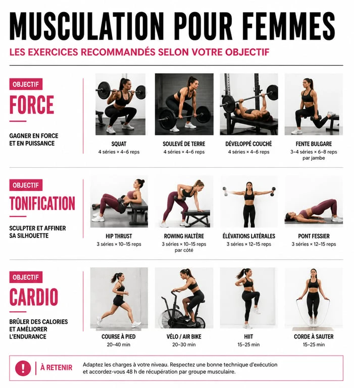 Infographie des exercices de musculation recommandés pour femme en salle de sport