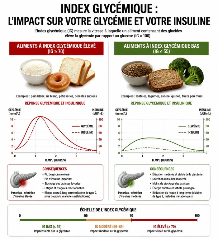 Infographie sur l'index glycémique des aliments et leur impact sur la santé