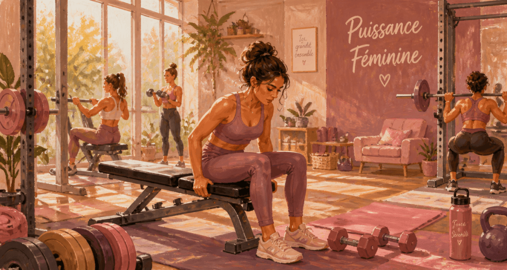 femme salle de sport sur banc musculation
