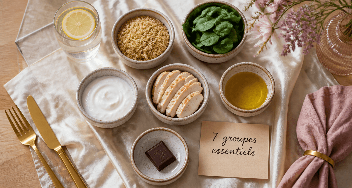 les 7 groupes d aliments tableau bols sur table