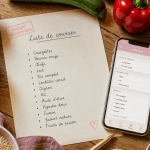 Liste courses alimentaires sur papier et application mobile